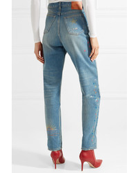 Gucci Embroidered Distressed High Rise Straight Leg Jeans