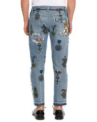 Dolce & Gabbana Military Embroidered Straight Leg Jeans With Released Hem Blue