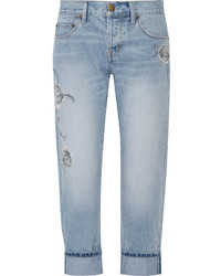 Current/Elliott The Crossover Embroidered Mid Rise Straight Leg Jeans Mid Denim