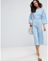 Asos Chambray Jumpsuit With Cutwork And Embroidery