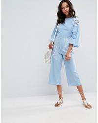 Asos Chambray Jumpsuit With Cutwork And Embroidery