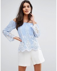 Light Blue Embroidered Lace Blouse