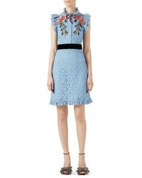 Gucci Embroidered Cluny Lace Dress Light Blue