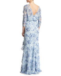 Badgley Mischka 34 Sleeve Embroidered Floral Lace Gown Light Blue