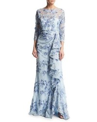 Badgley Mischka 34 Sleeve Embroidered Floral Lace Gown Light Blue
