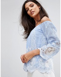 Lipsy Off Shoulder Top In Embroidered Cutwork Lace