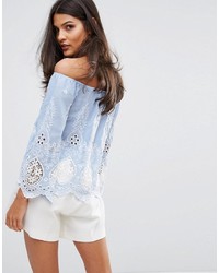 Lipsy Off Shoulder Top In Embroidered Cutwork Lace