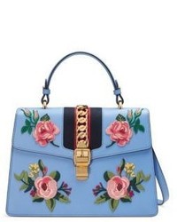 Gucci Sylvie Embroidered Leather Top Handle Bag