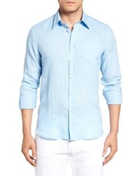 Light Blue Embroidered Linen Long Sleeve Shirt