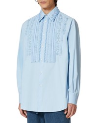 Valentino Embroidered Bib Cotton Poplin Button Up Shirt In Celeste At Nordstrom