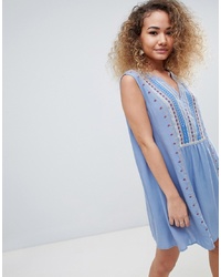 Light Blue Embroidered Peasant Dress