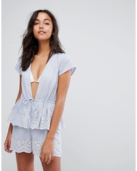 ASOS DESIGN Stripe Embroidered Frill Tiered Beach Playsuit