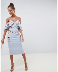 ASOS DESIGN Embroidered Pencil Midi Dress With Cold Shoulder