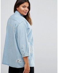Asos Curve Curve Destroyed Denim Shirt With Day Dreamer Embroidery