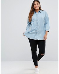 Asos Curve Curve Destroyed Denim Shirt With Day Dreamer Embroidery