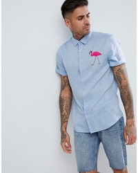 ASOS DESIGN Regular Textured Shirt With Embroidery In Pale Blue