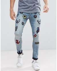 ASOS DESIGN Asos Extreme Super Skinny Jeans In Smokey Blue With Patches
