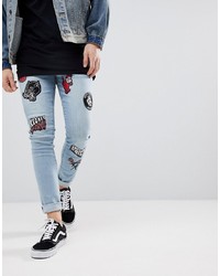 ASOS DESIGN Asos Super Skinny Jeans In Light Wash Blue With Biker Patches