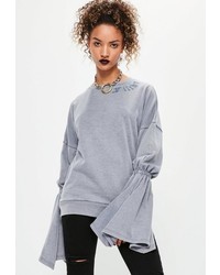 Missguided Grey Embroidered Flared Sleeve Sweatshirt