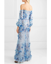 Marchesa Notte Off The Shoulder Med Appliqud And Embroidered Tulle Gown