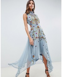 Light Blue Embroidered Tulle Fit and Flare Dress