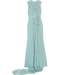 Elie Saab Lace Paneled Silk Blend Georgette Gown Light Blue