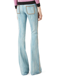 Gucci Embroidered Denim Flare Leg Pants With Studs