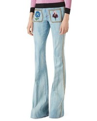 Gucci Embroidered Denim Flare Leg Pants With Studs
