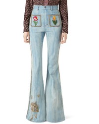 Gucci Embroidered Denim High Waist Flare Pants With Studs Light Blue