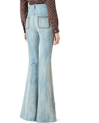 Gucci Embroidered Denim High Waist Flare Pants With Studs Light Blue