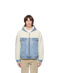 Levis Off White And Blue Sherpa Hooded Hybrid Trucker Jacket