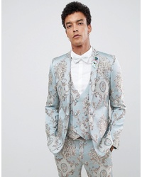 ASOS DESIGN Skinny Suit Jacket In Duck Egg Jacquard With Sequined Parrot