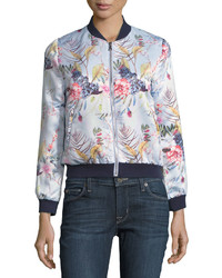Neiman Marcus Floral Print Bomber Jacket Blue Pattern