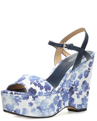 Light Blue Floral Canvas Wedge Sandals