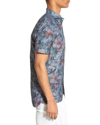 Barney Cools Lisse Trim Fit Short Sleeve Floral Print Chambray Shirt