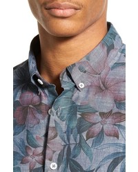 Barney Cools Lisse Trim Fit Short Sleeve Floral Print Chambray Shirt