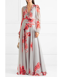 Costarellos Ruched Floral Print Chiffon Gown