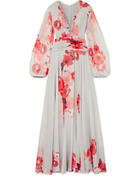 Costarellos Ruched Floral Print Chiffon Gown