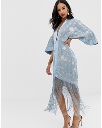 ASOS DESIGN Kimono Embroidered Midi Dress With Fringe Hem