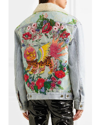 Gucci Shearling Lined Embroidered Denim And Jacquard Jacket