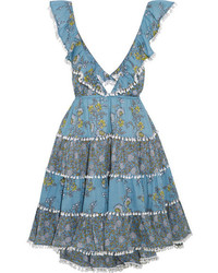 Zimmermann Caravan Ruffled Floral Print Cotton Mini Dress Light Blue
