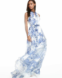 Carmen Marc Valvo Sleeveless Halter Floral Print Gown