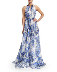 Carmen Marc Valvo Sleeveless Halter Floral Print Gown