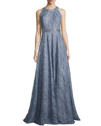 Carmen Marc Valvo Sleeveless Metallic Floral Gown Blue