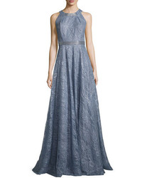 Carmen Marc Valvo Sleeveless Metallic Floral Gown Blue