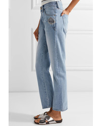Current/Elliott The Crossover Embroidered Mid Rise Straight Leg Jeans Mid Denim