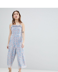 Lost Ink Petite Jumpsuit With Frill Hem In Pastel Print Print Blue