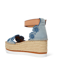 See by Chloe Embroidered Laser Cut Suede And Leather Espadrille Wedge Sandals