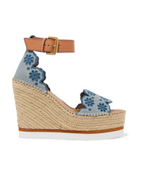 See by Chloe Embroidered Suede And Leather Espadrille Wedge Sandals