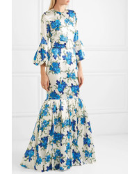 Rebecca de Ravenel Patio Ruffled Floral Print Twill Maxi Dress
